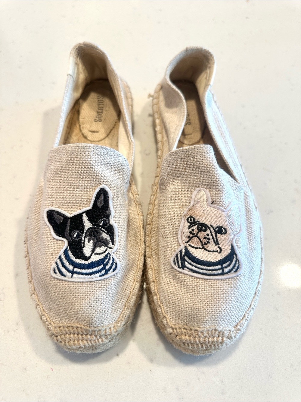 Soludos “Teddy and Gigi” French Bulldog Canvas Flat Espadrilles Size 8 Like New - Picture 2 of 5